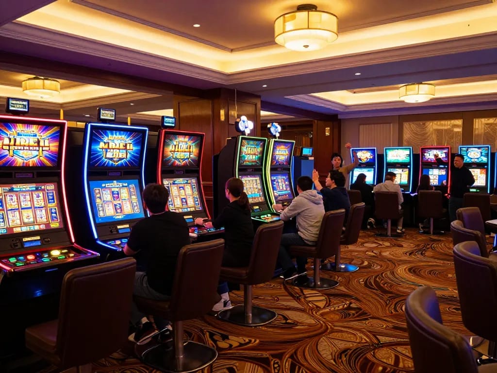 Players enjoying a variety of Pragmatic Slot machines, celebrating wins in a vibrant casino atmosphere