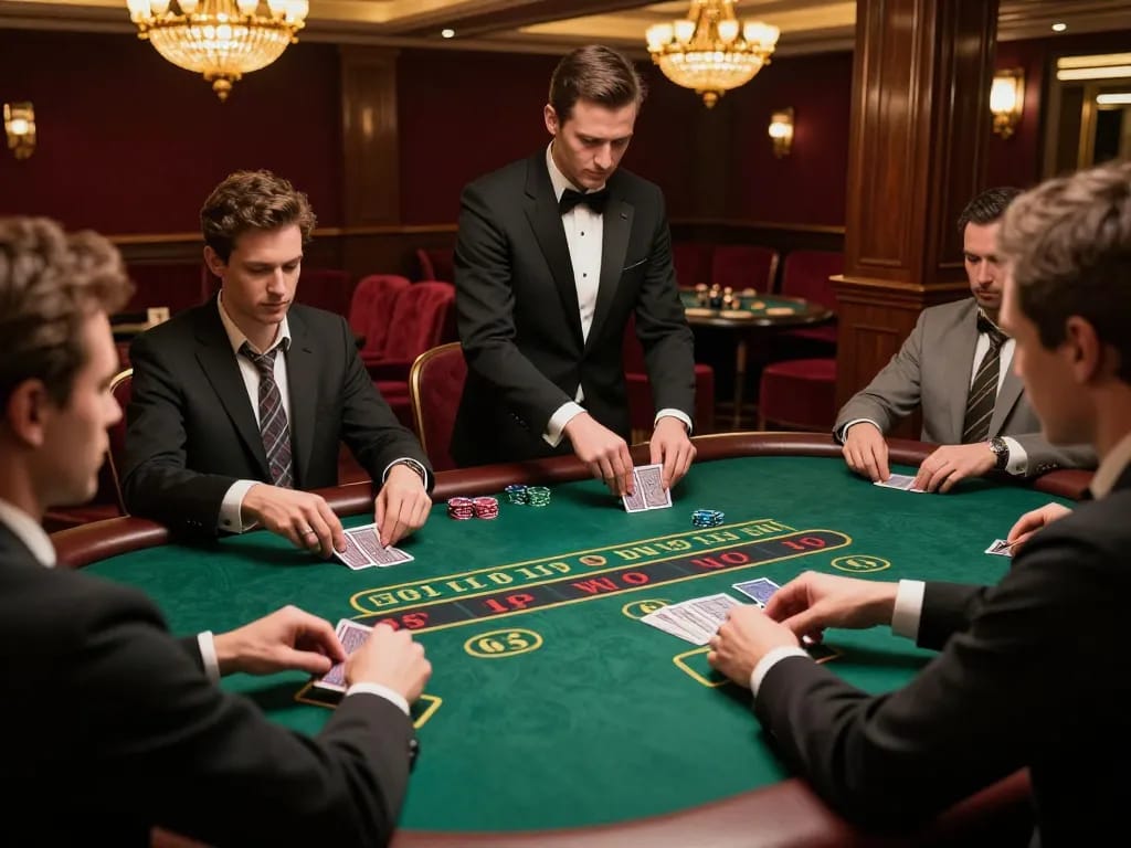 MPOID Alternative casino blackjack players strategizing bets at an upscale table with luxurious decor