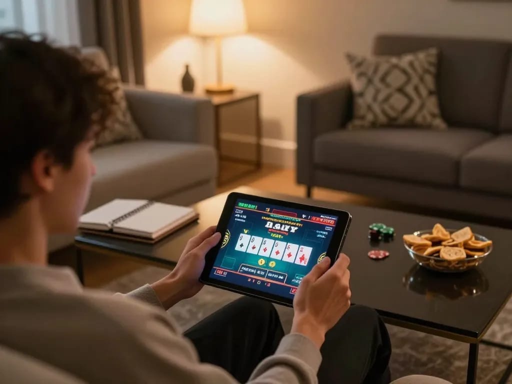 Engaging in online gambling at CM88 with a cozy home gaming setup, featuring a tablet displaying poker game