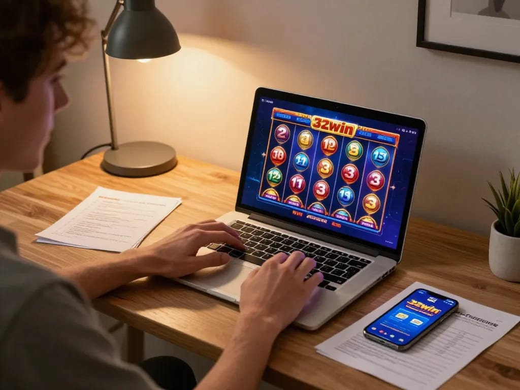 Engaging online gaming session at 32win featuring colorful slot interface and strategic notes.
