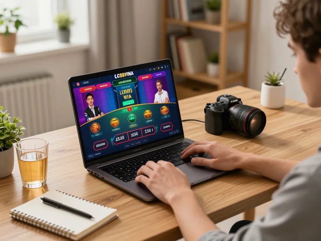 Player engaging with live dealer games on LC88VINA, showcasing an inviting gaming setup at home.