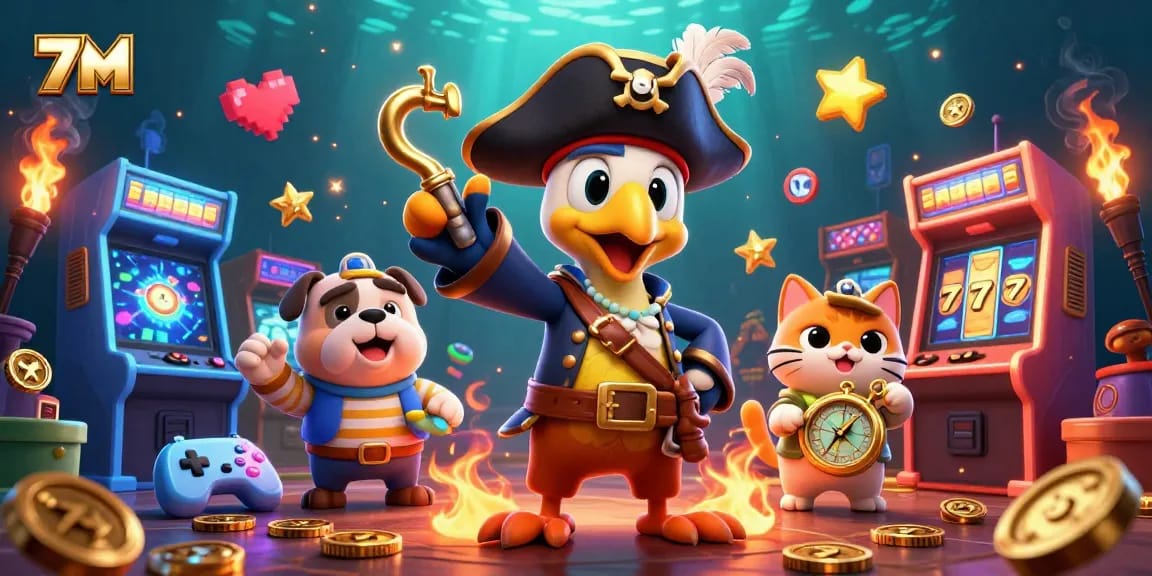Join the excitement of 7M as pirates and pets celebrate wins with vibrant slot games and treasures.