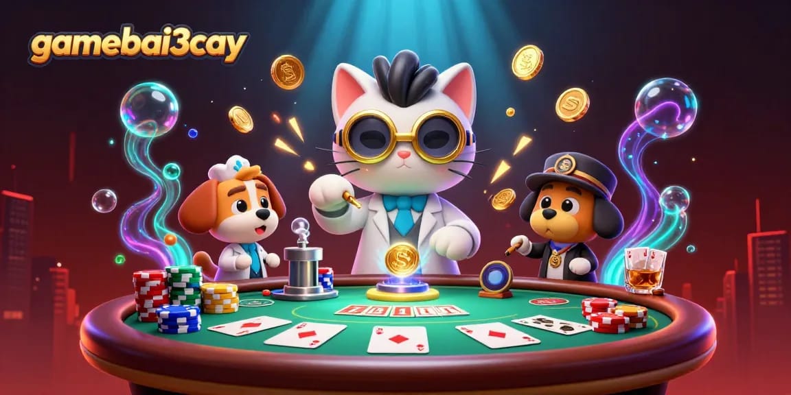 Experience thrilling poker action with gamebai3cay in this vibrant 3D illustration.