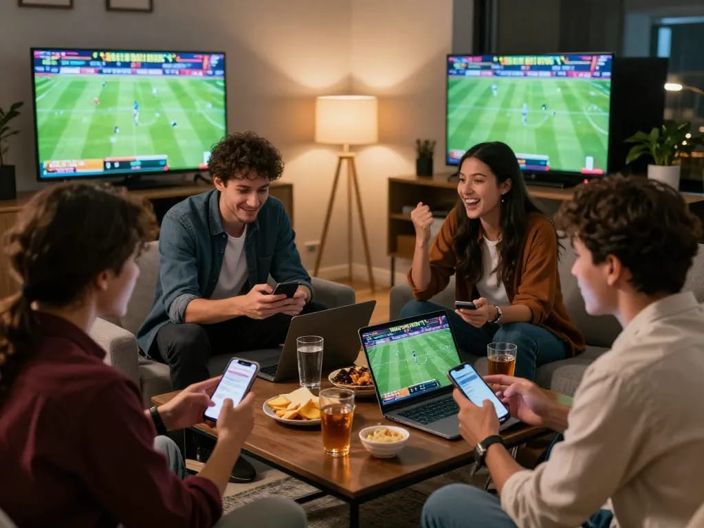 Kèo nhà cái 5 being analyzed in a lively home sports betting setting with friends discussing strategies.