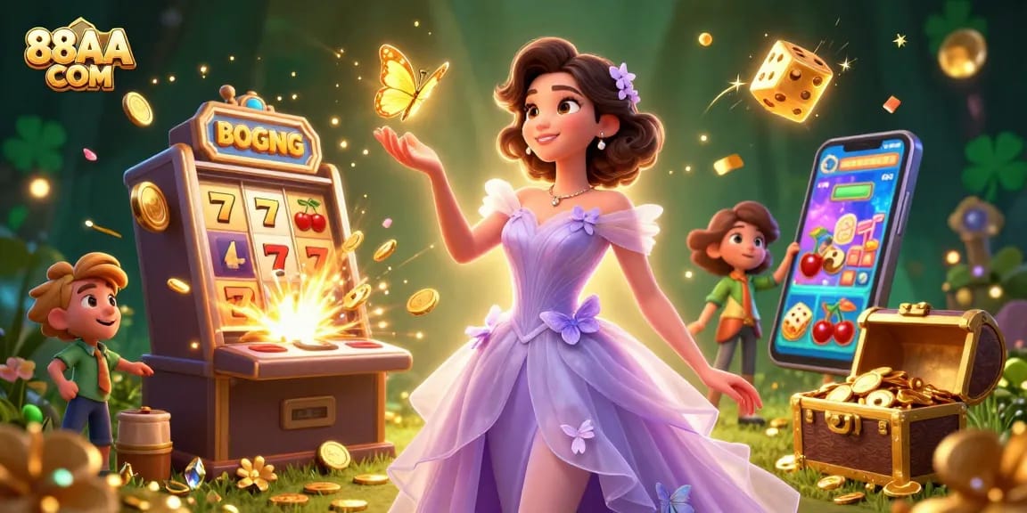 Experience the excitement of 88AA COM with a vibrant 3D casino scene featuring dynamic game elements and engaging visuals.