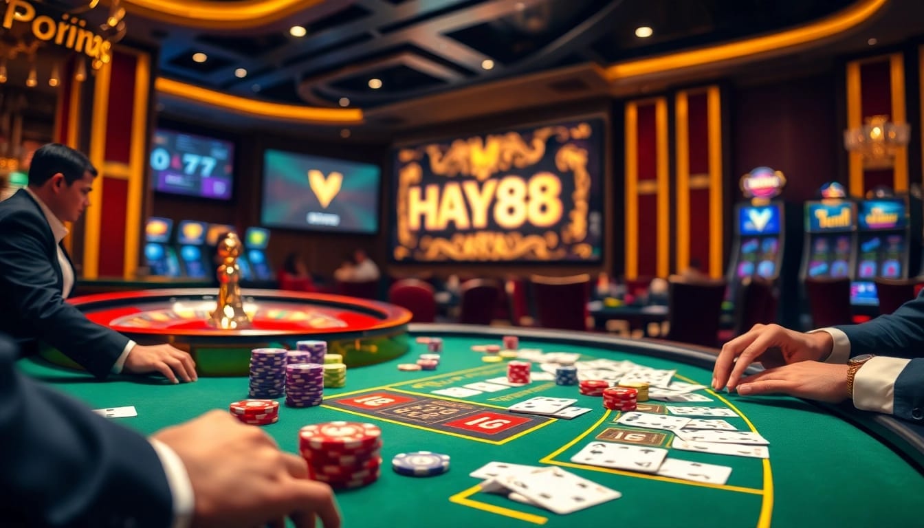Exciting gambling scene at HAY88 casino with vibrant poker chips and roulette wheel.