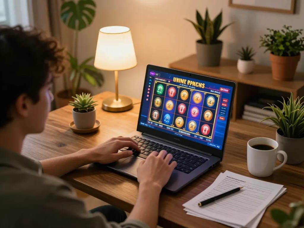 Engaging in online gaming at home with dash88, enjoying a vibrant slot game on a laptop and strategic notes.