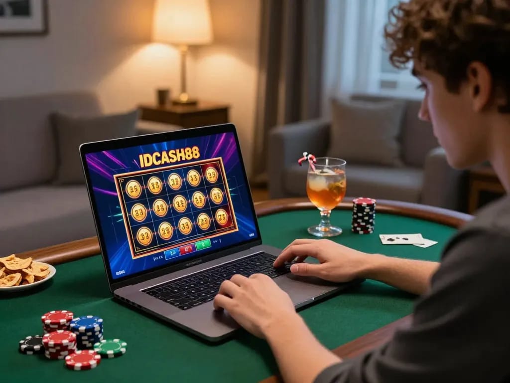 Experience thrilling online gaming with IDCASH88 featuring vibrant slot graphics and cozy home atmosphere.