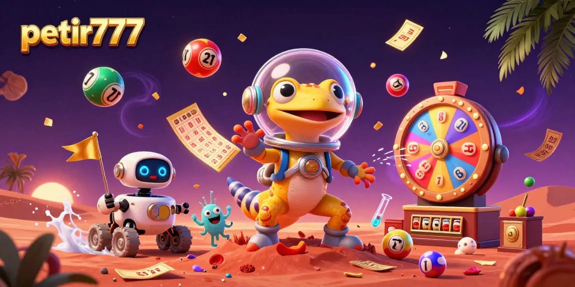 Experience petir777 with a Martian gecko discovering a golden casino, surrounded by vibrant gaming elements.