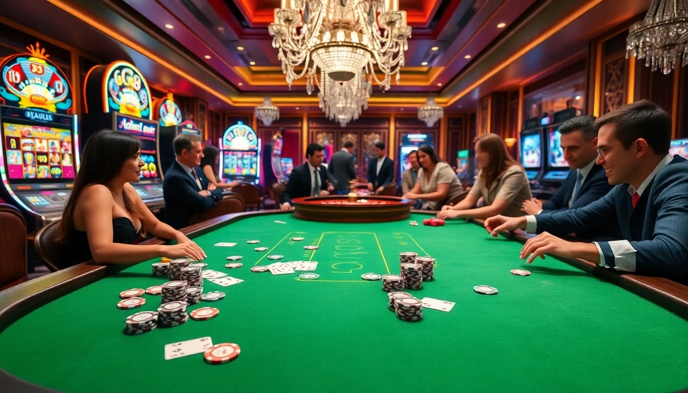 Exciting GG88 poker scene with players, cards, and luxurious casino decor.