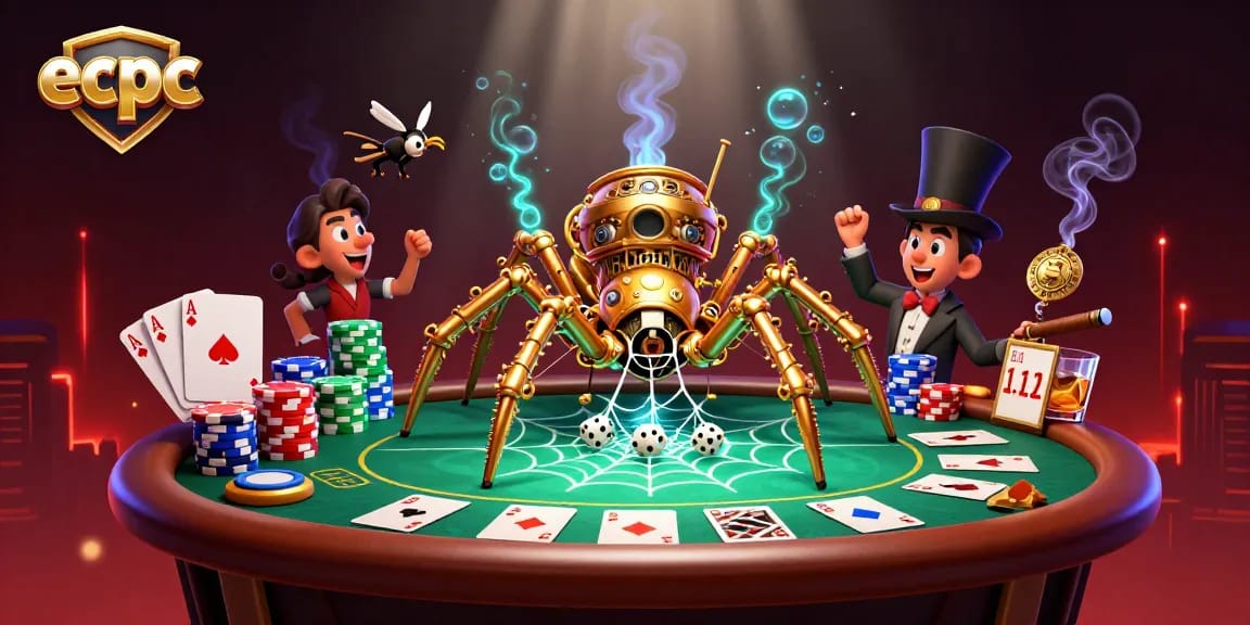 Engage with the dynamic world of ecpc, featuring a golden spider and Victorian fly in a lively casino setting.