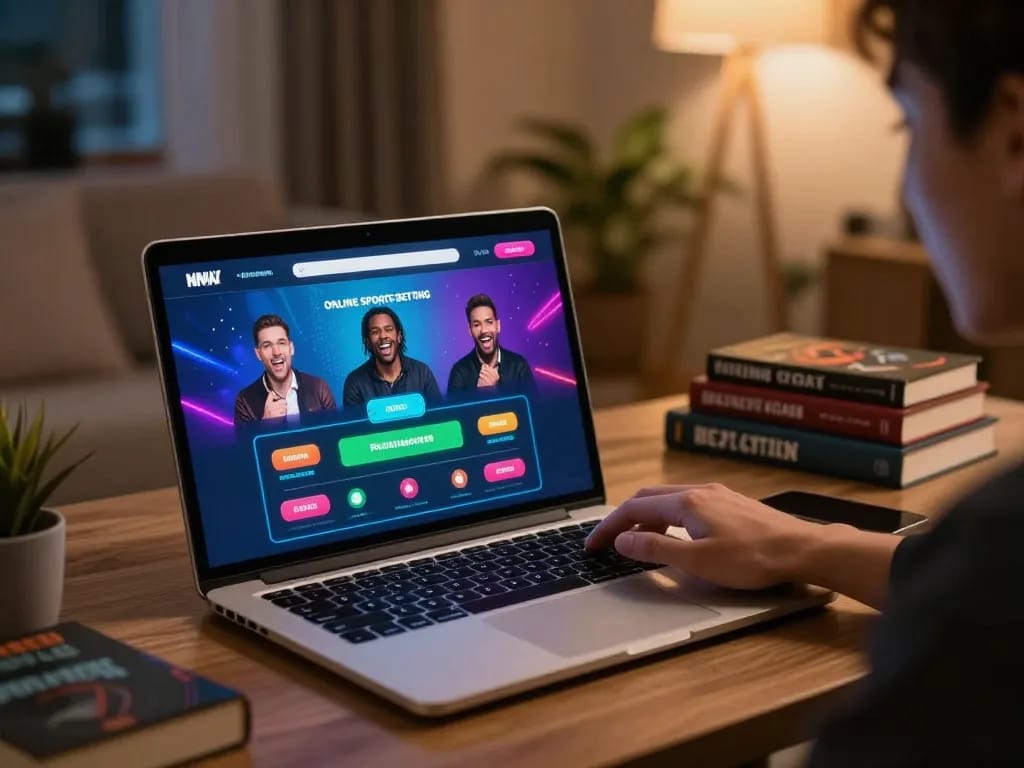 Place bets confidently on mpo sport in a cozy home gaming setup with a vibrant interface.