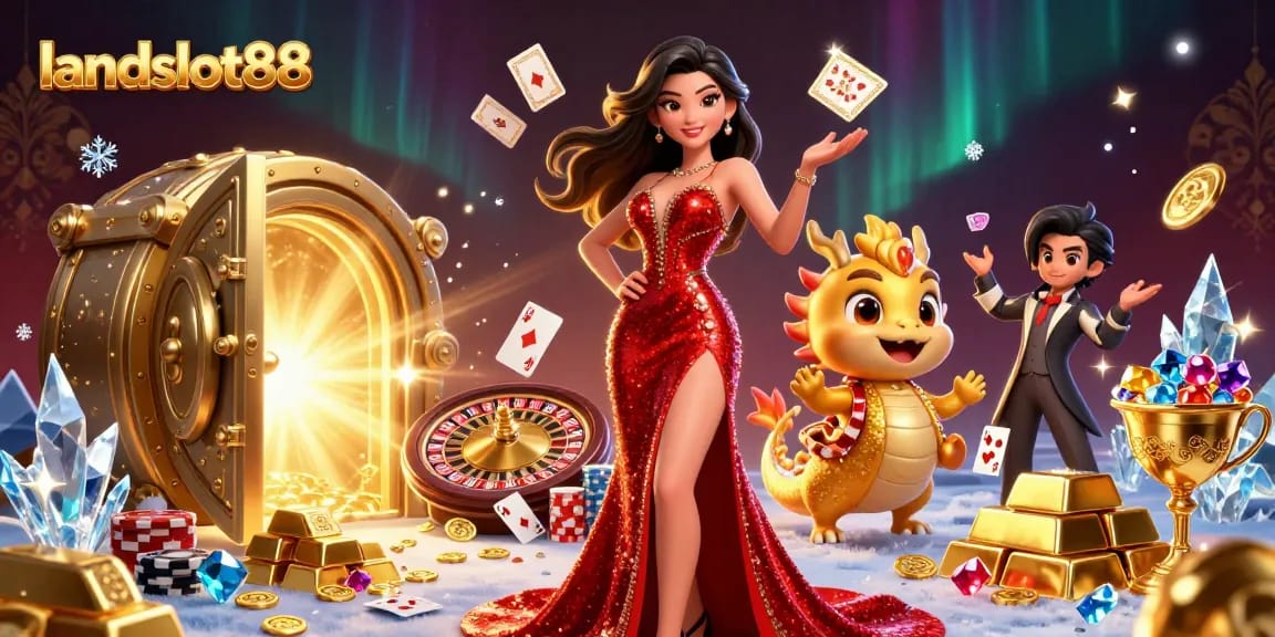 landslot88 brings excitement with a stunning Asian woman greeting players amid vibrant casino elements.