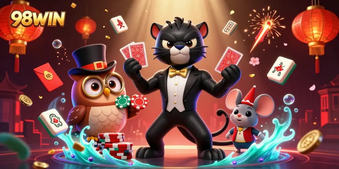 Experience exciting gameplay at 98WIN with a stylish panther dealer, lucky mouse, and owl in this vibrant casino scene.