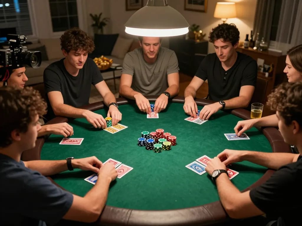 Players in an engaging poker game at home, showcasing strategies with 789f logo visible.