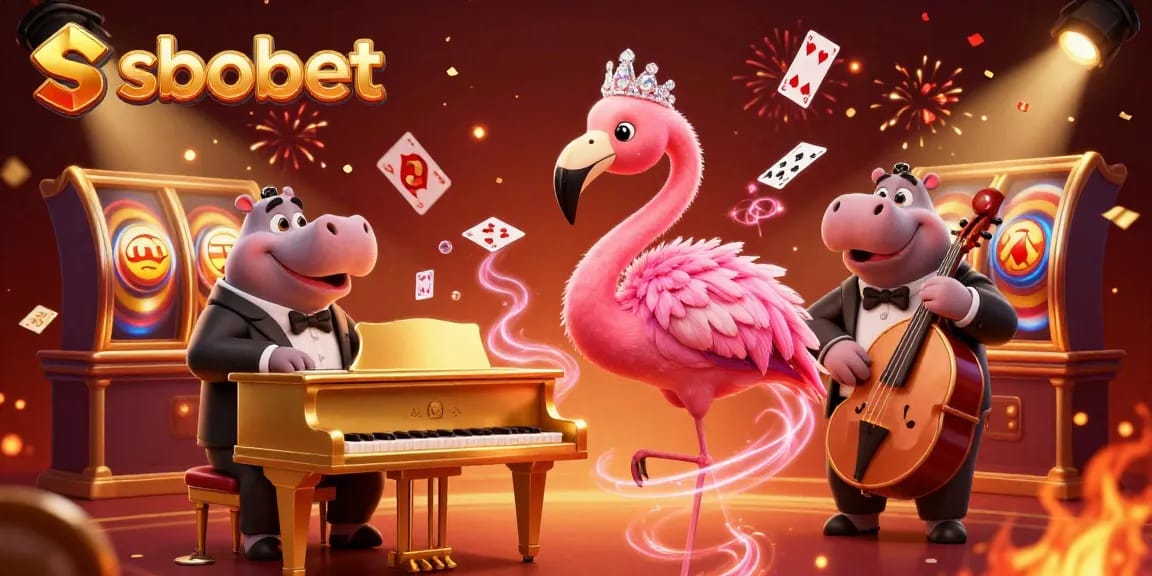 Sbobet enhances your gaming experience with vibrant 3D visuals of animated casino characters amidst dynamic slot reels and celebratory elements.