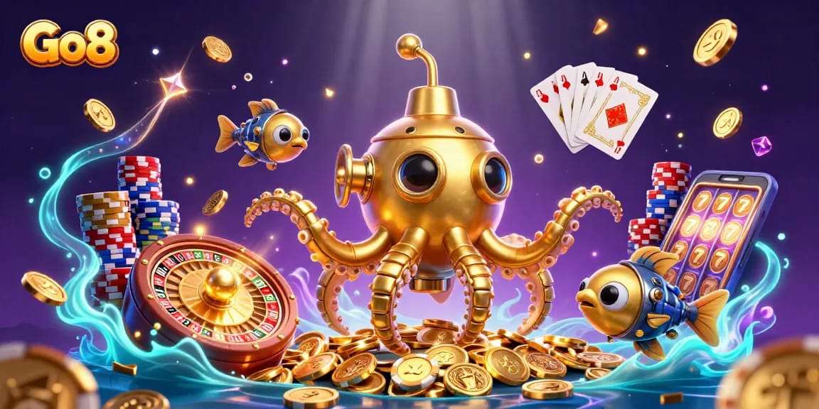 Go8 players enjoy the thrill of winning with vibrant slot machines, poker chips, and golden coins.