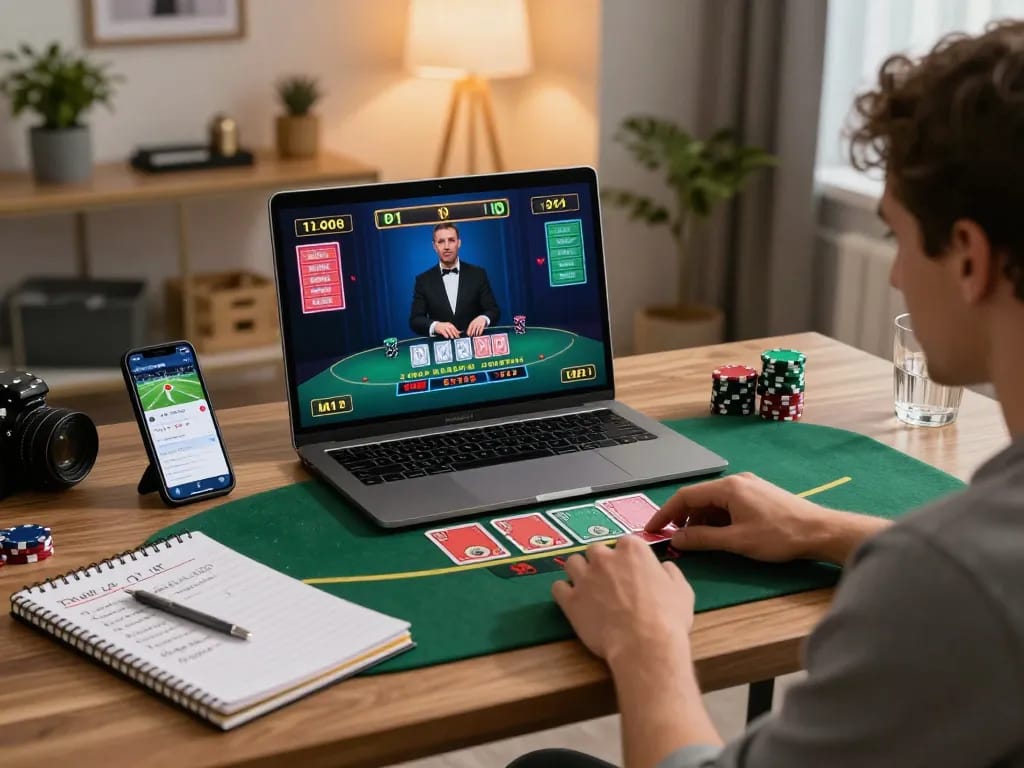ONE88 player engaging in live dealer blackjack at home gaming setup, showcasing strategic betting notes and smartphone apps.