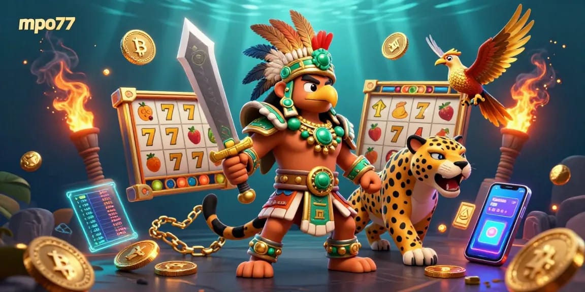 MPO777 showcases exhilarating gameplay with Aztec warriors and crypto elements in vibrant slots action.