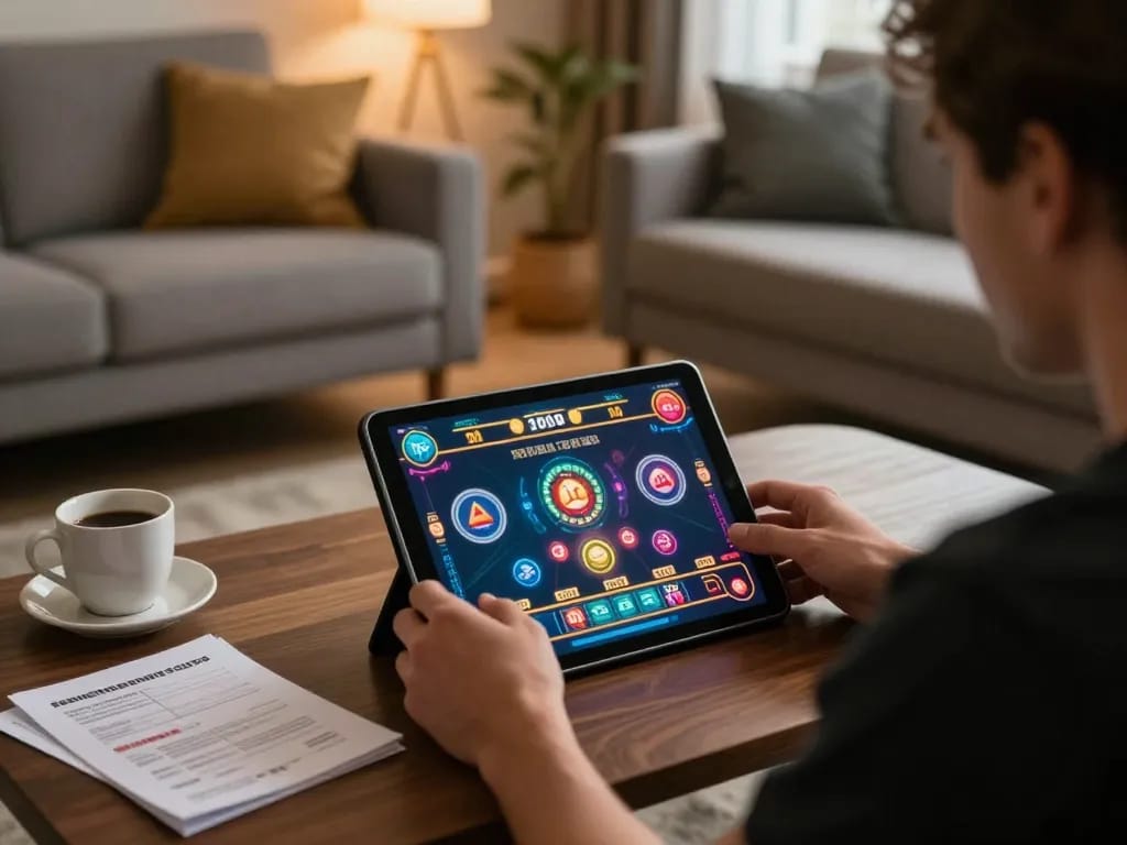 Player enjoys engaging live dealer game on 555win tablet in a cozy home setting.