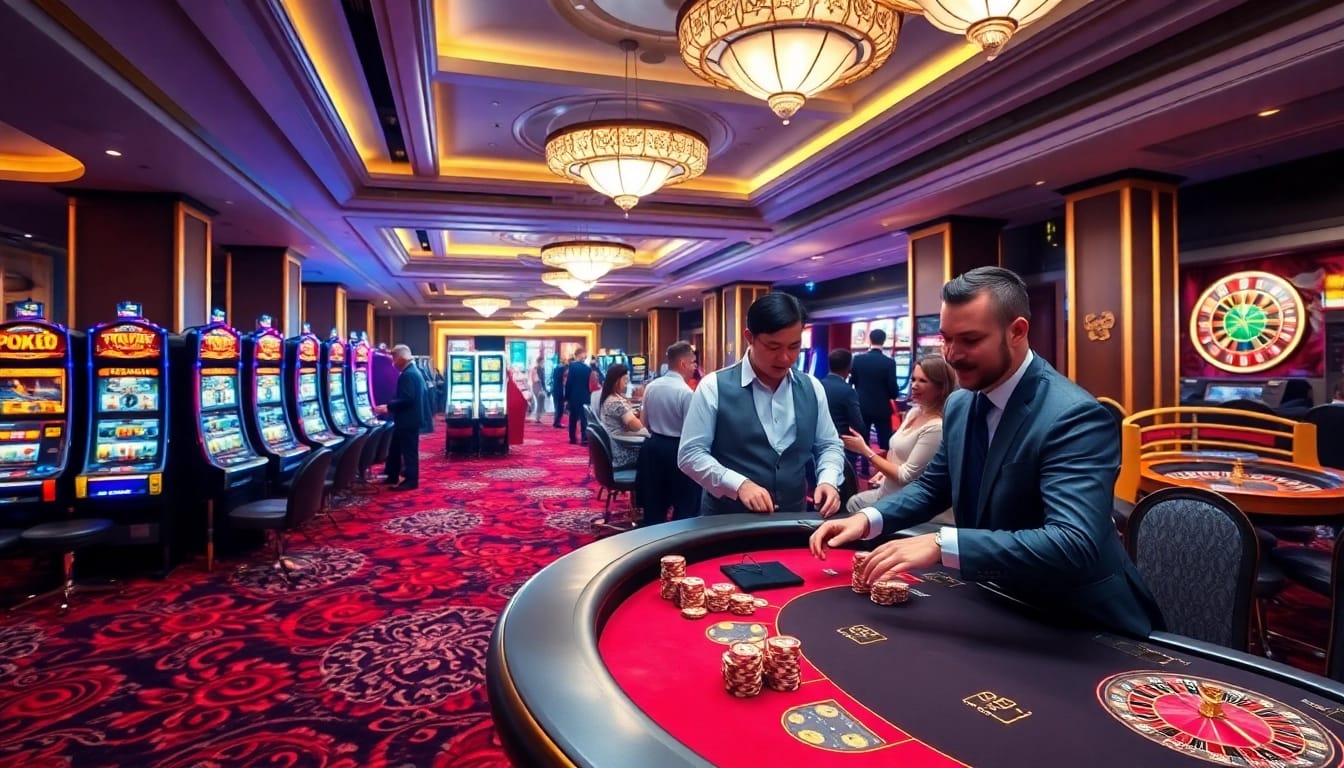 Hello88 casino gaming scene with players excitedly engaging at poker tables and slot machines.