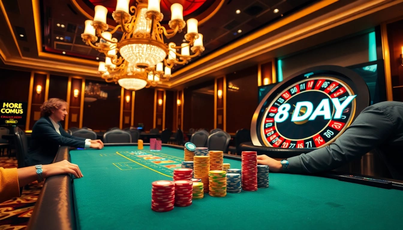 Experience the thrill of betting at the luxurious 8DAY casino table with vibrant chips and roulette.