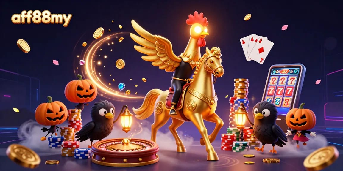 Engage with afb88my's vivid casino adventure featuring a golden rooster and vibrant gaming elements.
