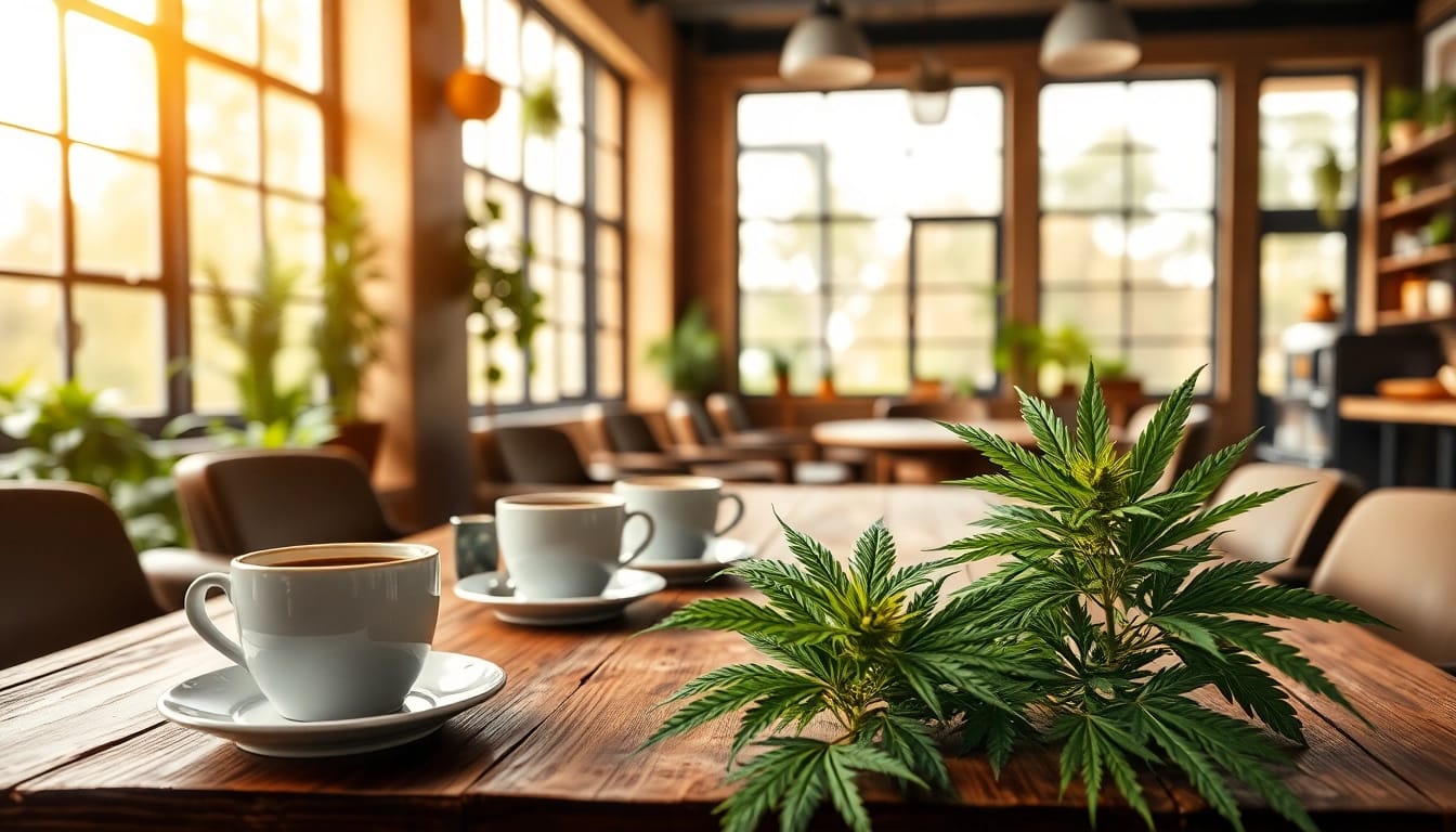 Kaffeetasse und Cannabisprodukte im Cannabis Coffee Shop Lloret de Mar genießen.