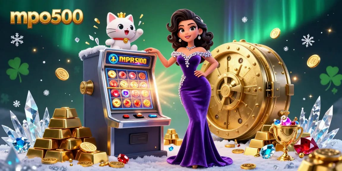 MPO500 slots scene showcasing a glamorous woman celebrating a jackpot with a fortune cat mascot and gold coins.