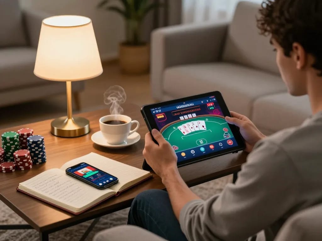 Player enjoying poker on 7-hd tablet in cozy home setting, highlighting strategic gameplay.