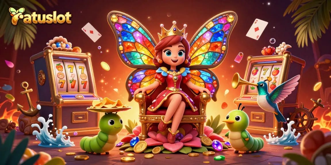 Spin the reels with ratuslot, illustrated scene of a slots queen and vibrant casino elements.