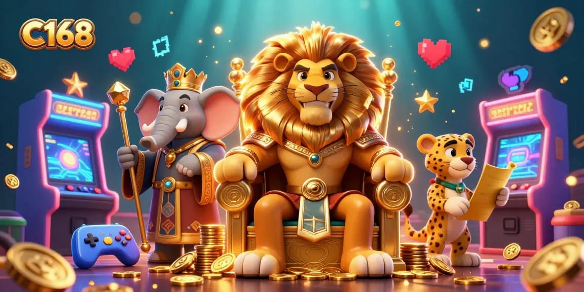 C168's casino adventure highlights a lion king and his allies amidst vibrant game features.