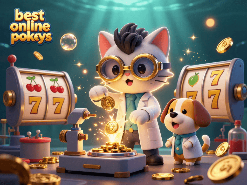 Spin the best online pokies with a mad scientist cat and lab assistant dog creating gold coins amidst dynamic casino elements.