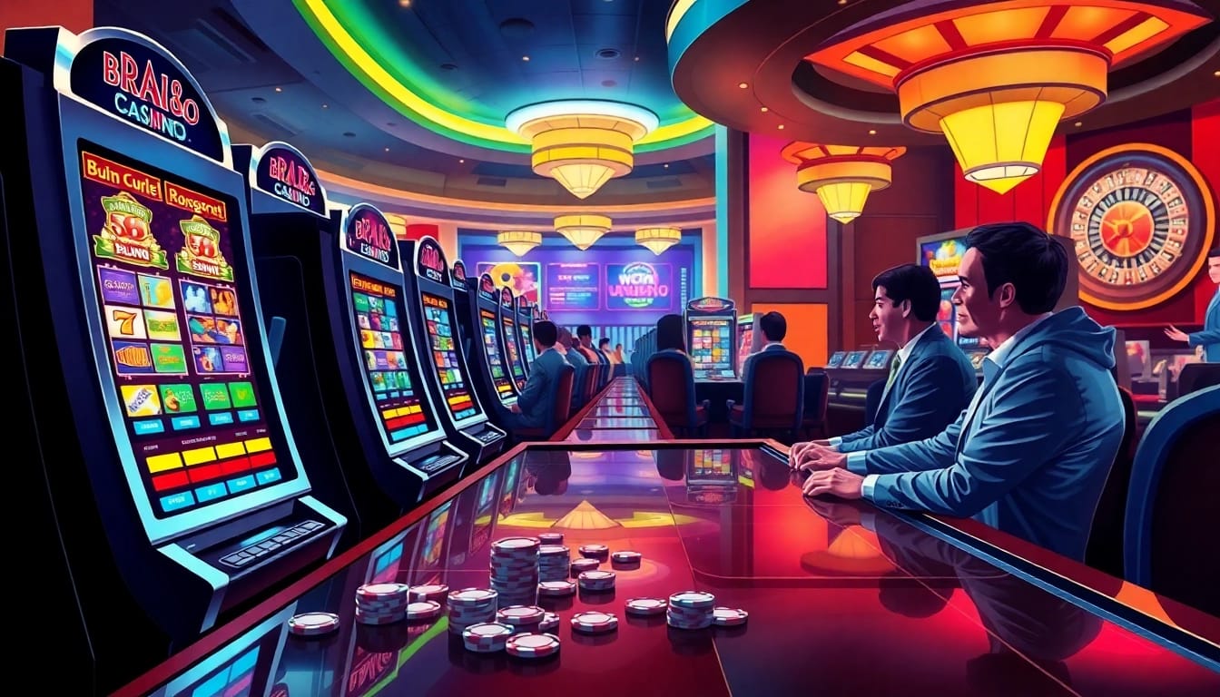 Experience the thrill of gambling at BRO138 with dynamic slot machines illuminating the casino floor.