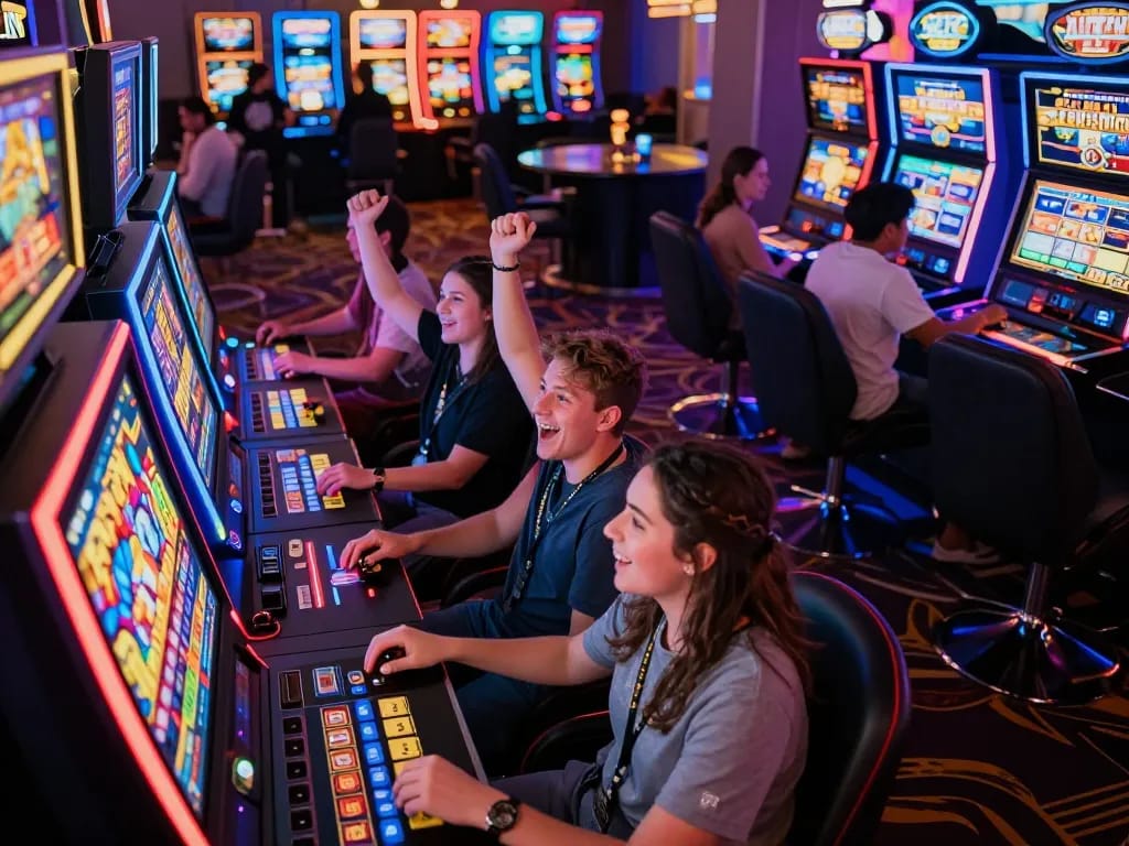 Players enjoy vibrant slot machines at ytr88, celebrating wins in a lively casino environment