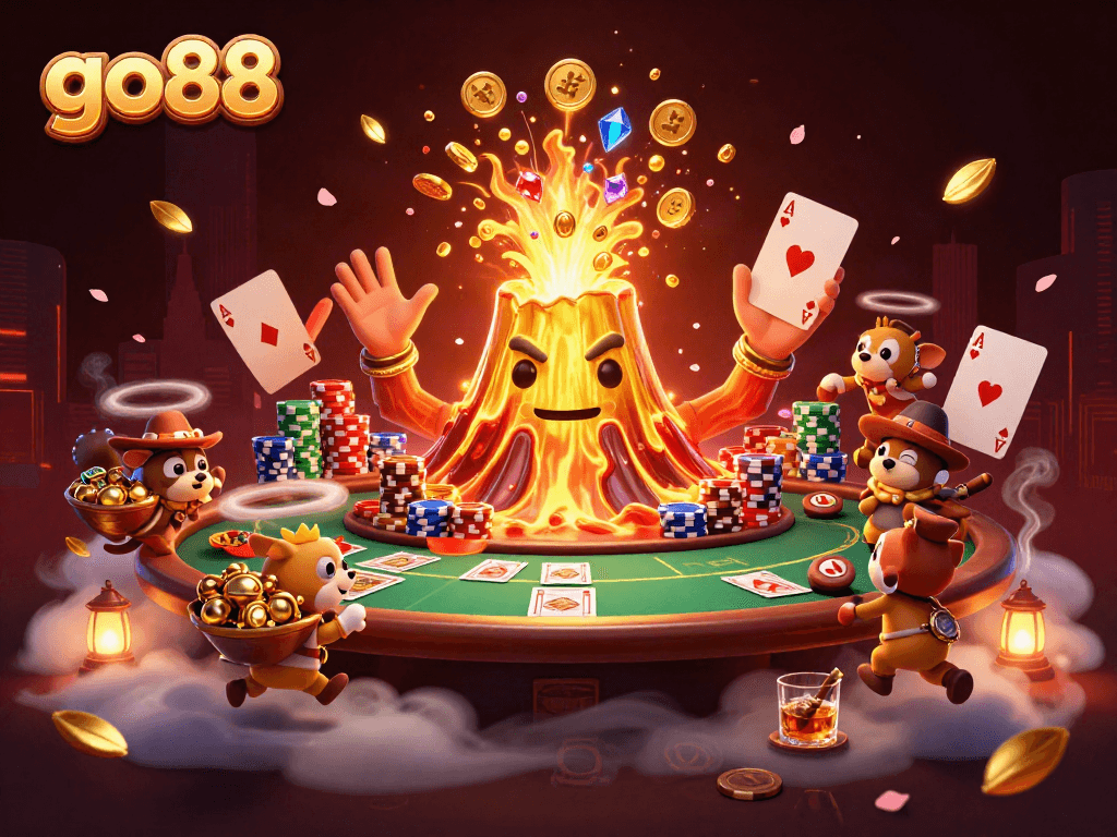 Experience go88's thrilling treasure hunt with a golden volcano erupting coins and animated explorers.