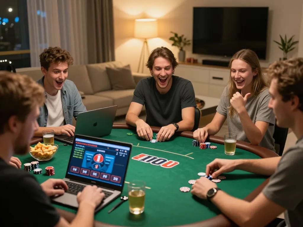 Pemain menikmati permainan poker online di aman788, merayakan kemenangan dalam suasana rumah yang nyaman