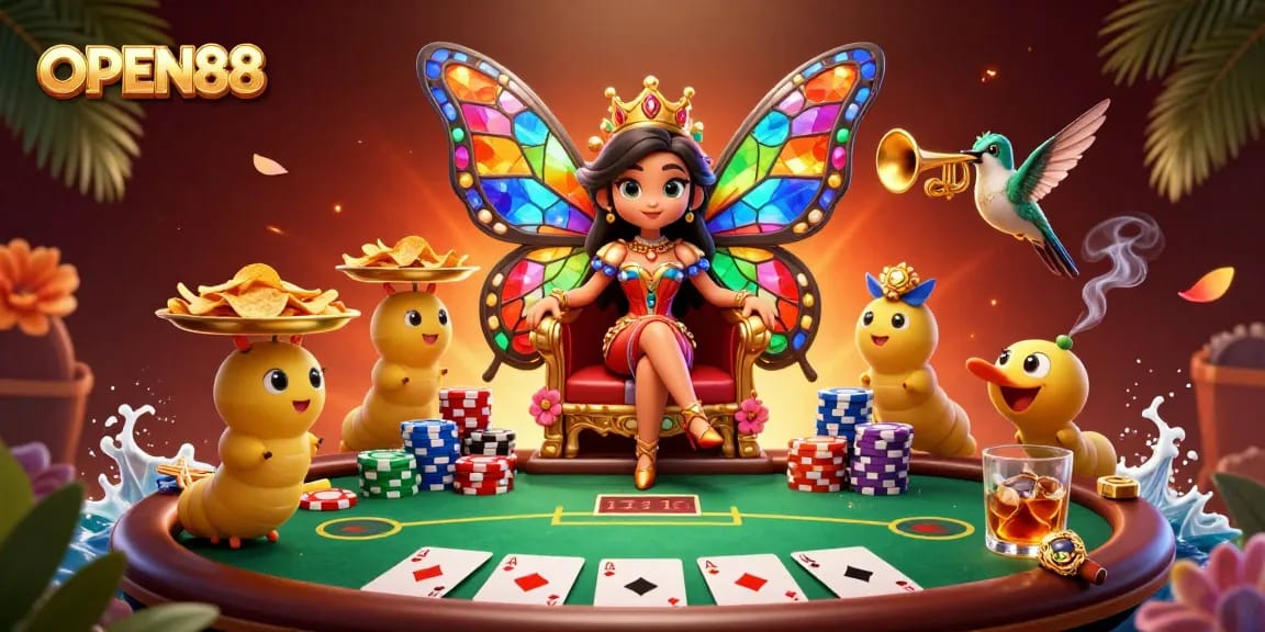 Play exciting games at OPEN88 with vibrant 3D casino illustration featuring colorful elements and dynamic action.