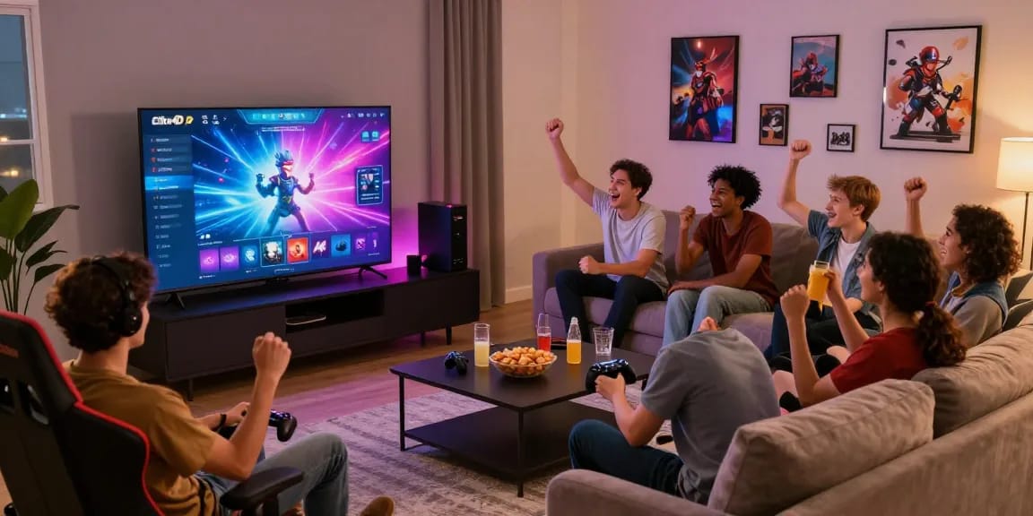Cika4D gaming platform session with friends enjoying interactive features and vibrant graphics in a cozy living room.