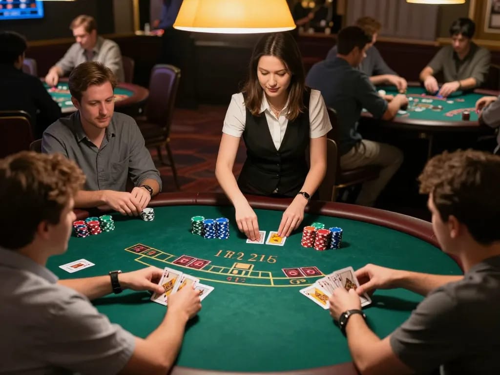 Players enjoying a thrilling game of blackjack at 100cuci's live casino, showcasing strategic gameplay.