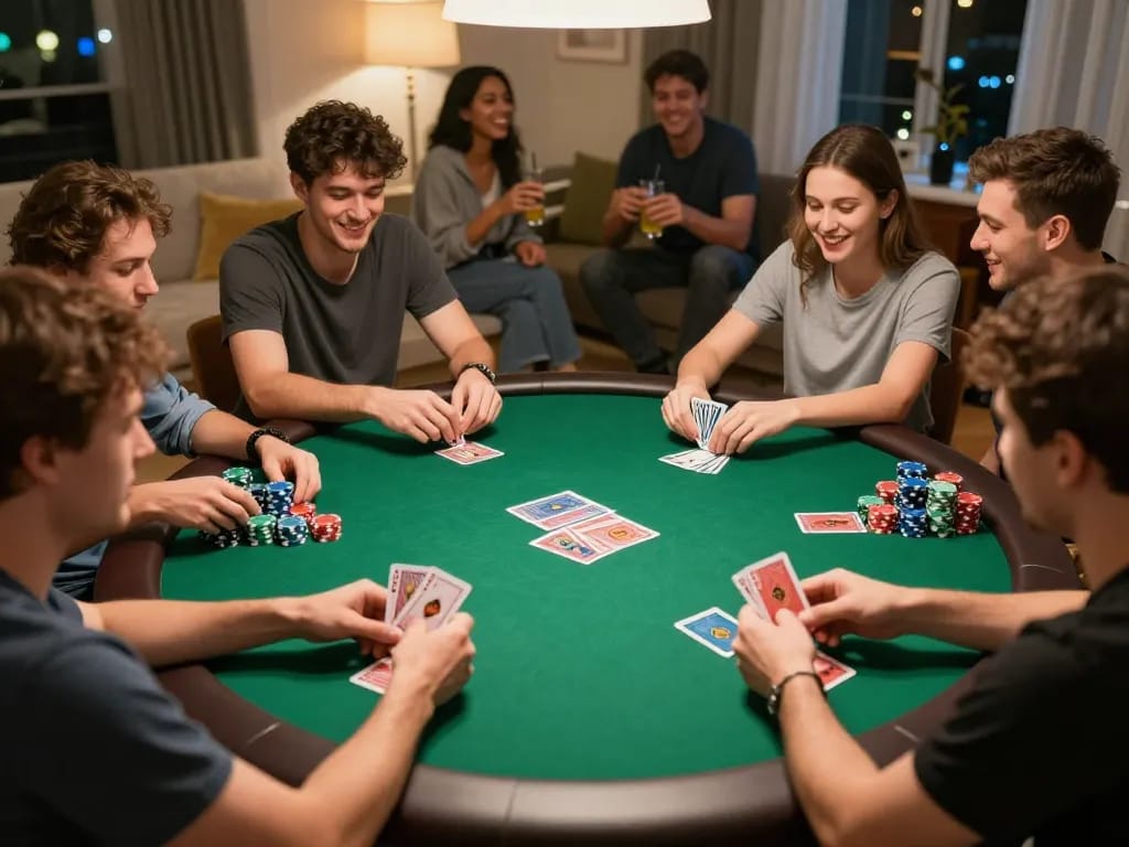 Players enjoying an engaging poker game at home, showcasing 258bet strategies with colorful chips on the table.