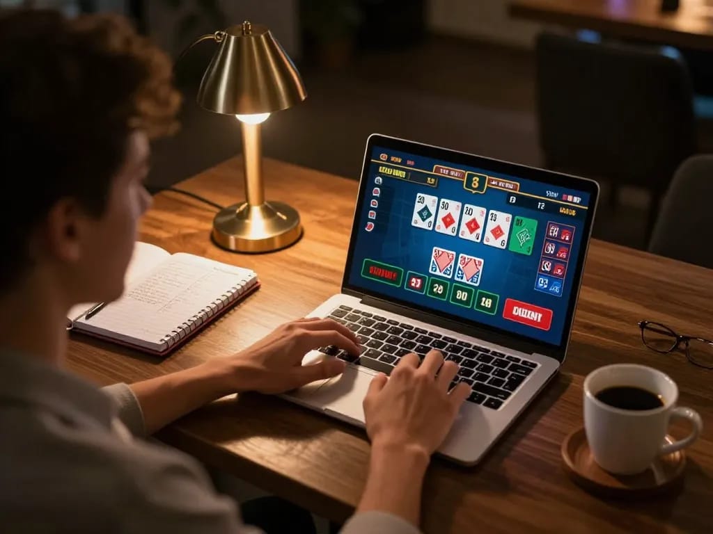 Engaging with okfun's live dealer game on a laptop, highlighting responsible gaming setup.