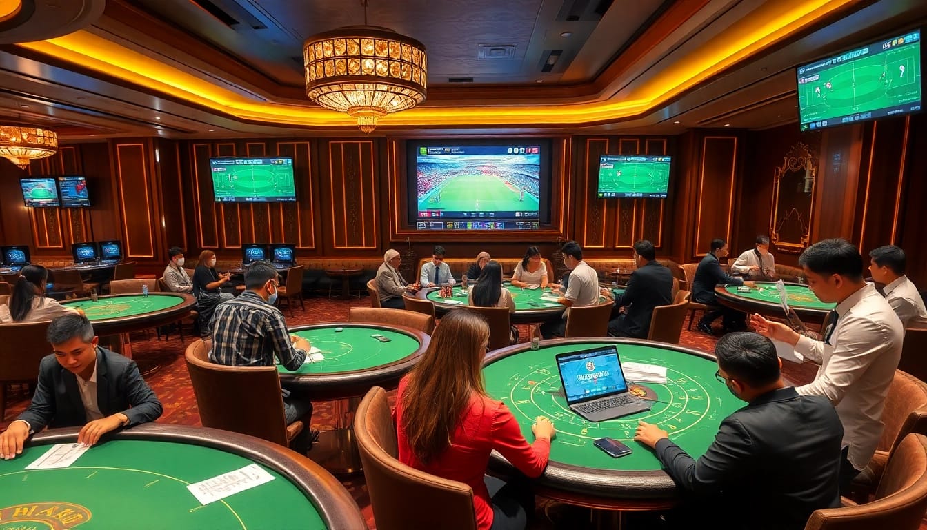 Engaging Taruhan Bola betting scene in a luxury casino environment with players and digital score displays.