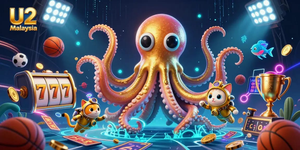 Engaging U2 Malaysia gaming scene with a colossal kraken, divers, and active slot reels.