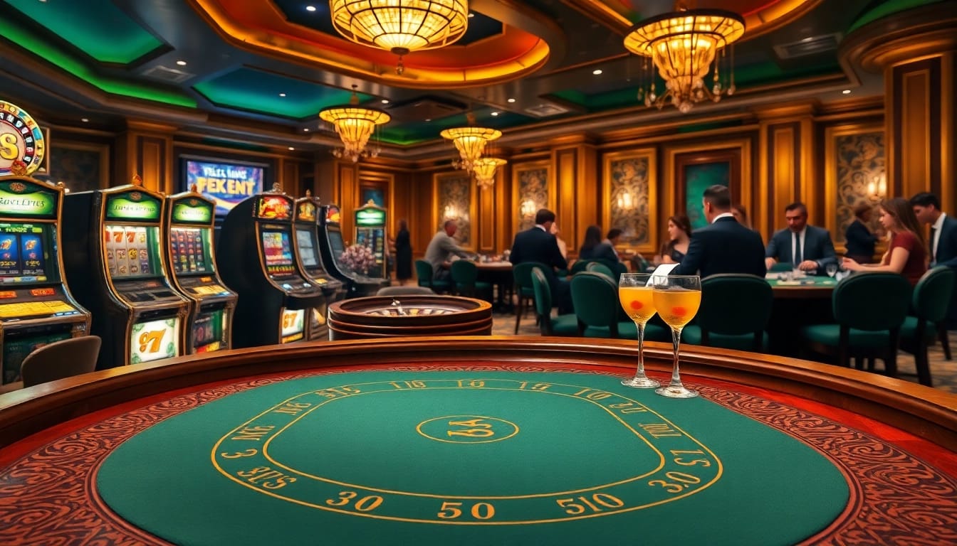 Exciting baccarat game atmosphere at https://xx88.us/ with elegant tables and vibrant slot machines.