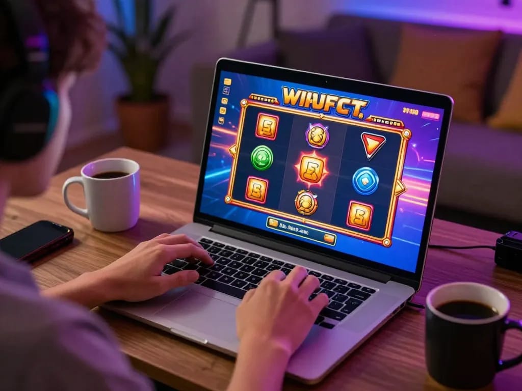 Engaging in online slots with hello88 on laptop, showcasing exciting gameplay and cozy atmosphere