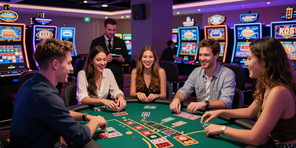 Exciting casino scene at KO66 with players engaged in table games, vibrant atmosphere and neon lights.