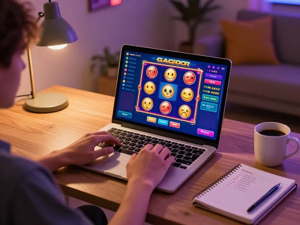 Engaging online gaming scene with colorful slot gacor interface, emphasizing strategic play and comfortable atmosphere