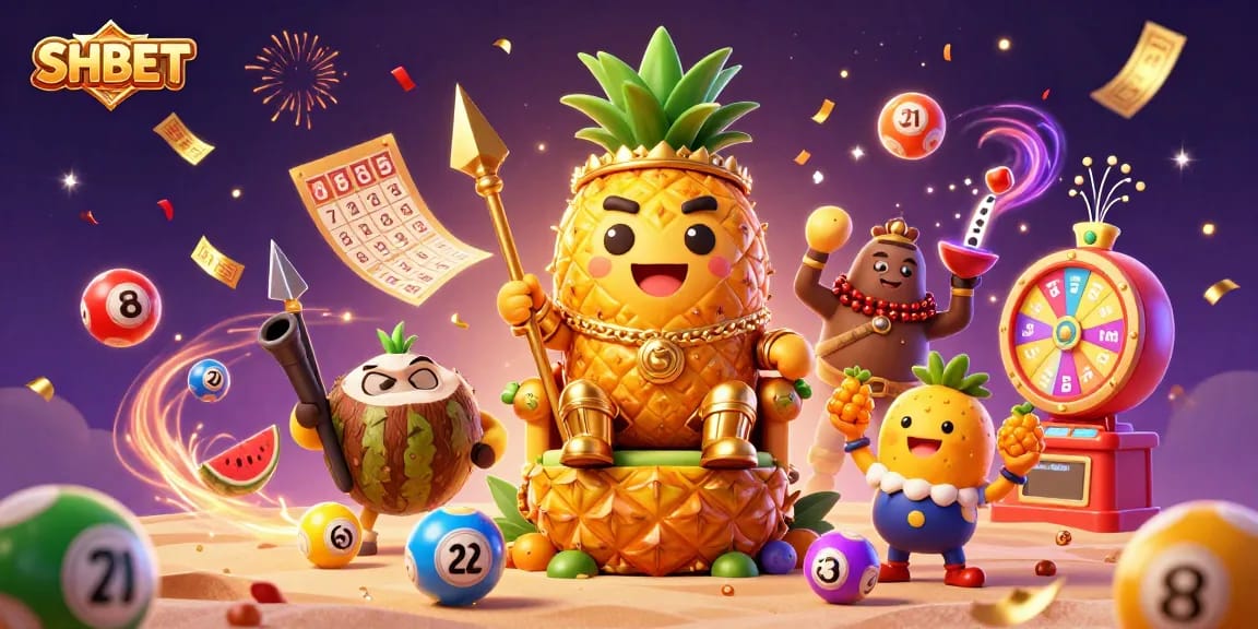 Experience excitement at SHBET with vibrant lottery balls and festive elements in a 3D casino scene.
