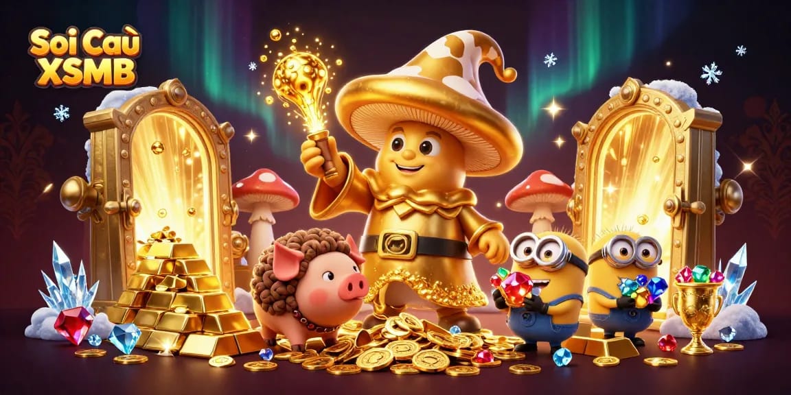 Soi Cầu XSMB offers a vibrant illustration featuring a wizard, treasure, and gems celebrating the lottery.